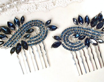 PAIR Navy Blue Bridal Hair Combs, Silver Crystal Rhinestone Sapphire Wedding Hairpiece, Something Blue Headpiece Art Deco Dark Blue Jewelry