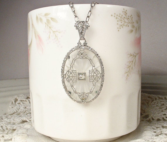 Antique Art Deco Camphor Glass Necklace, Silver R… - image 3