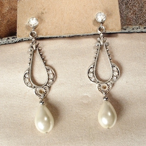 Vintage Art Deco/Nouveau Pearl Bridal Earrings, 1920s Flapper Pave Rhinestone Antique Silver Dangle Ivory Drops, Gatsby Wedding Jewelry image 2