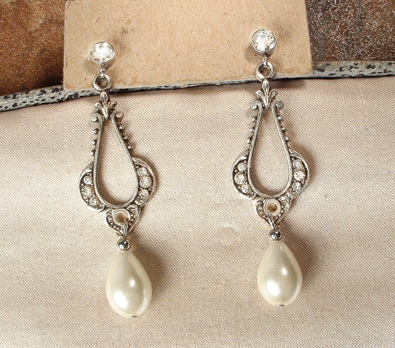 Vintage Art Deco/Nouveau Pearl Bridal Earrings, 1920s Flapper Pave Rhinestone Antique Silver Dangle Ivory Drops, Gatsby Wedding Jewelry image 2