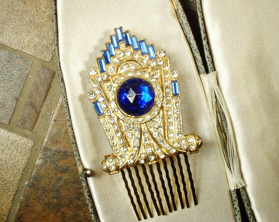 Antique Sapphire Art Deco Hair Comb, Vintage Brid… - image 4