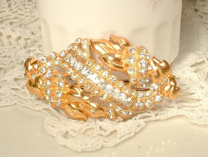 Peineta/broche vintage Art Déco con diamantes de imitación dorados, broche para fajín de vestido de novia/boda de los años 20, tocado de cristal estilo Gatsby Flapper. Regalo perfecto. Leave as a Brooch