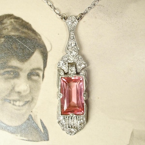 Collar Art Déco de los años 20 con cristales rosas y pasta de diamantes de imitación, colgante de plata, estilo vintage para boda, novia, estilo Gatsby, años 30, estilo Flapper.