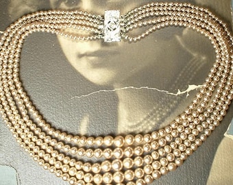 1940s Vintage Art Deco Champagne Ivory Pearl Necklace,Bridal 5 Multi Five Strand Glass Pearl Rhinestone Clasp Antique Wedding Gift PRISTINE