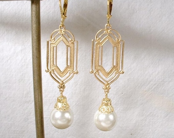 1920er Jahre Art Deco Elfenbein Perle baumeln Ohrringe, Gold Braut Lange Statement Drop, V intage Hochzeit Gatsby Flapper Brautjungfer Schmuck Edwardian Geschenk