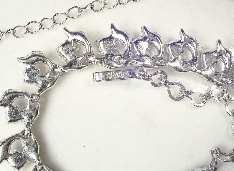 PRISTINE Vintage DESIGNER Art Deco Rhinestone Bridal Necklace,Wedding Paste Crystal Choker,Silver Leaf Link Statement 1940s 1950s Dainty Bib image 9