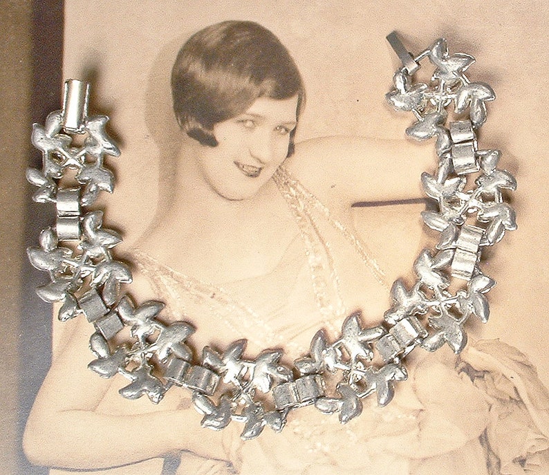 Antique Art Deco Paste Rhinestone Bridal Bracelet, Vintage 1930s Wide Crystal Leaf Link Bracelet, 1920s Wedding Great Gatsby/Rustic Chic image 8