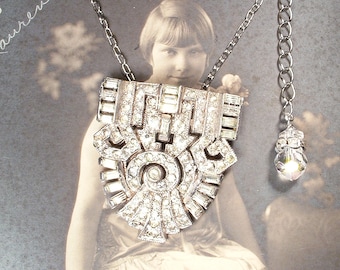 Antike Art Deco Kristall Strass Anhänger Halskette, Nachlass 1930er Jahre 1920er Jahre Kleid/Fell Clip Silber Vintage Hochzeit/Braut Paste Flapper Gatsby