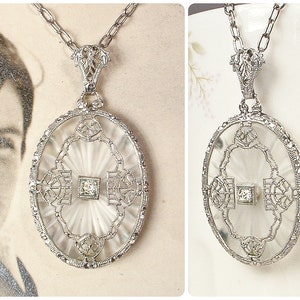 Antique Art Deco Camphor Glass Necklace, Silver Rhodium Filigree Rhinestone Pendant Vintage 1920s 1930s Wedding/Bridal Edwardian 20s Gift