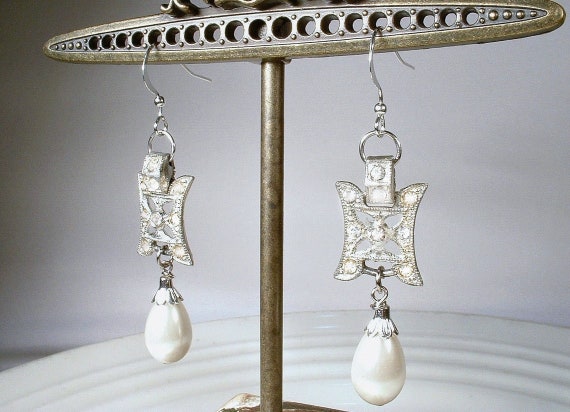 1920s Edwardian Pearl Drop Earrings,Sterling Silv… - image 6