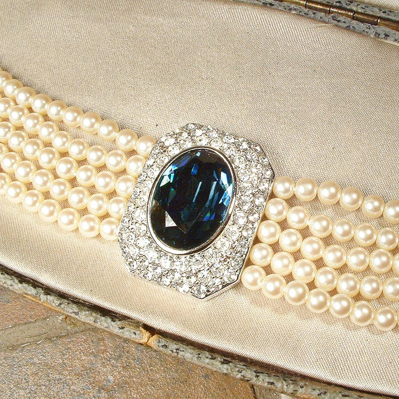 Vintage Sapphire Rhinestone Vanilla White Pearl Choker, Bridal Necklace, Multi 5 Strand Navy Blue Art Deco Designer Princess Diana image 8