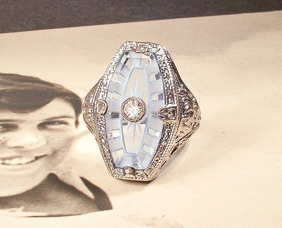 Antique Blue Camphor Glass Ring, 1920s Silver Rho… - image 2