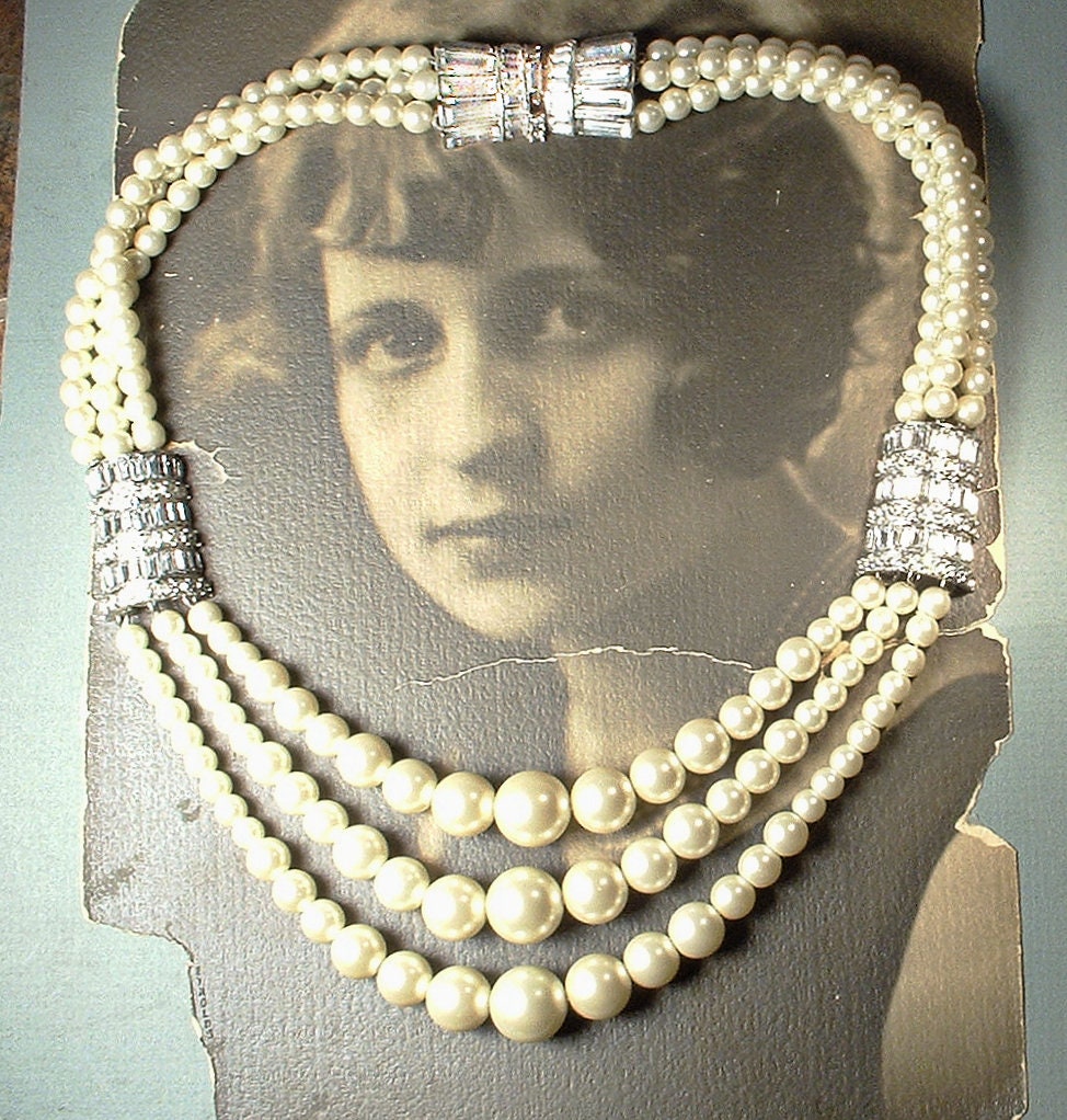 Vintage Glass Ivory Pearl Necklace, Multi 3 Three Strand