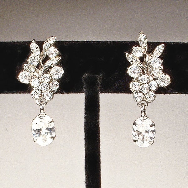 Haute Couture SIMAN TU Austrian Crystal Earrings, Silver Leaf Rhinestone Drop/Dangle Earrings, Ethereal Bridal/Wedding Runway Clip On/Back