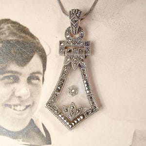 Vintage Art Deco Marcasite Camphor Glass Necklace,STERLING Silver Pave Rhinestone Pendant Bridal Edwardian 1920s Wedding Jewelry JUDITH JACK