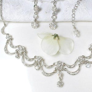 Vintage KENNETH LANE Silber Strass Braut Halskette/Ohrring Set, Kristall baumeln Art Deco Gatsby Romantische 1920er Jahre Hochzeit, Geschenk ätherisch