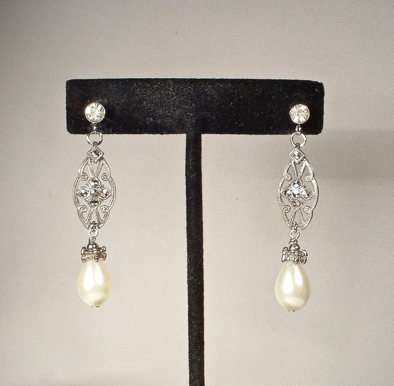 Vintage Art Deco Marcasite Ivory Pearl Earrings, Antique STeRLiNG SiLVeR Rhinestone Glass Pearl Bridal Dangle,1920s 1930s Wedding Long Drop image 7