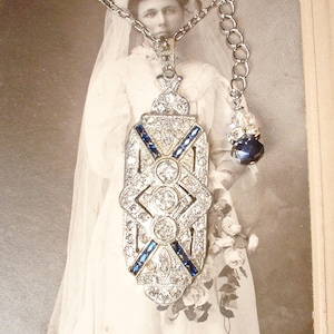 ANTiQue 1920s Art Deco Sapphire Rhinestone Pendant Necklace,Edwardian Bridal Flapper Vintage Paste Silver Gatsby Wedding Navy Something Blue