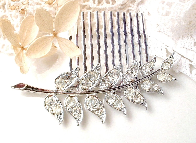 Art Deco Clear Pave Rhinestone Silver Fern Brooch or Hair Comb Vintage Bridal Leaf Hairpiece or Sash Brooch Woodland Wedding Grecian 1920s
