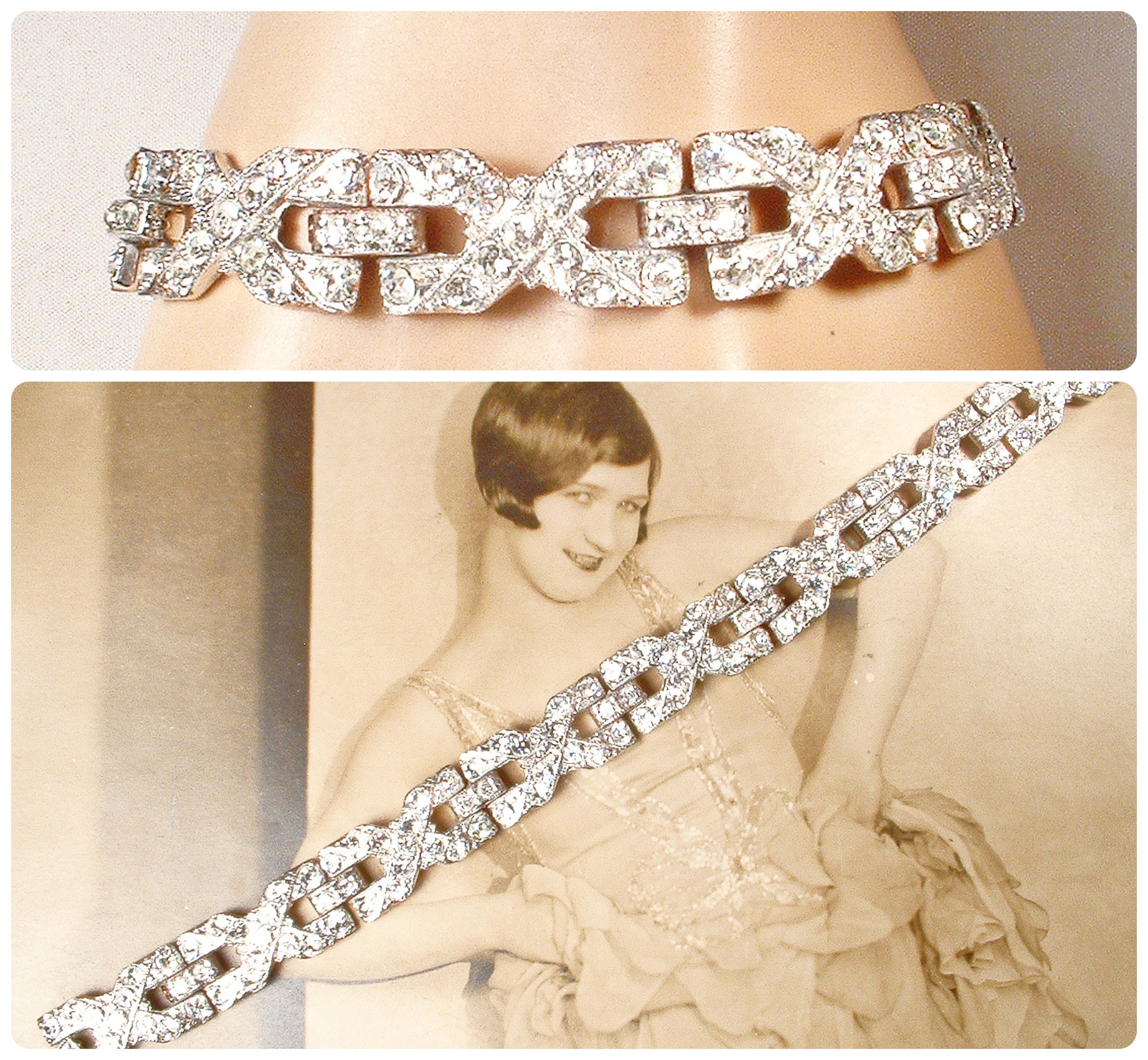 Pristine LEDO Vintage Art Deco Rhinestone Bracelet, Small 1920s Bridal  Bracelet Silver Paste Wide Link Gatsby Wedding 1940s Flapper POLCINI 