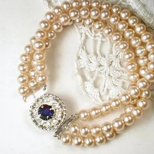 Vintage Navy Blue & Champagne Ivory Pearl Rhinestone Bridal Bracelet,Art Deco 3 Three Strand Glass Pearl Sapphire Clasp Something Old Gift