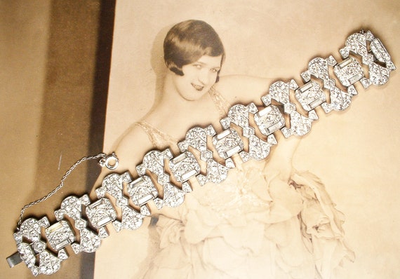 ANTIQUE Art Deco Bracelet,WIDE Paste Rhinestone G… - image 3