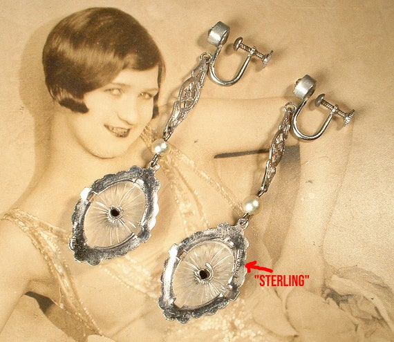 ANTiQUe 1920s DIAMOND Camphor Glass Dangle Earrin… - image 9