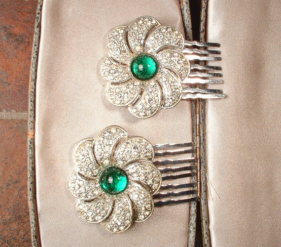 ANTIQUE 1920s Emerald Green Art Deco Hair Comb Pa… - image 5