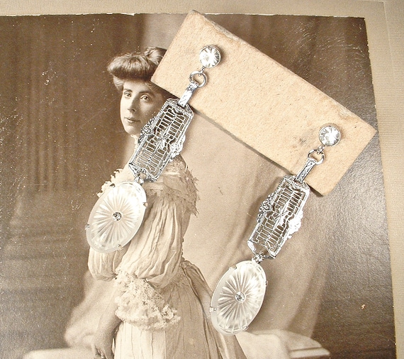 Art Deco Vintage Camphor Glass Dangle Earrings, A… - image 2