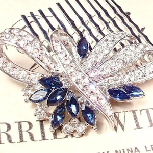Navy Sapphire Bridal Hair Comb, Art Deco Silver Rhinestone,1920s Gatsby Wedding Headpiece Something Blue Shower Gift, Head Piece Slide Clip