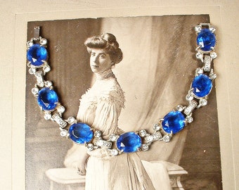 Antique Art Deco Sapphire Blue Crystal Bracelet,Silver Pot Metal Paste Rhinestone Link Statement,Vintage 1920s Wedding Bridal Something Old