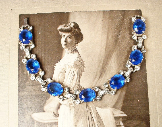 Antique Art Deco Sapphire Blue Crystal Bracelet,S… - image 1