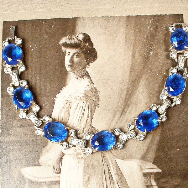 Antique Art Deco Sapphire Blue Crystal Bracelet,Silver Pot Metal Paste Rhinestone Link Statement,Vintage 1920s Wedding Bridal Something Old