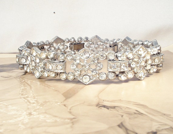 Antique Art Deco Bracelet,Pave Paste Crystal Rhin… - image 3