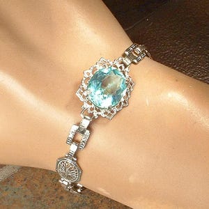 ANTiQue Aqua Blue Crystal Bracelet, Art Deco/Edwardian Silver Rhodium Filigree/Glass,1920s Wedding Bridal Vintage Something Old Camphor Gift