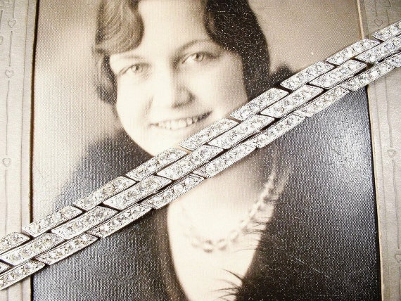 Vintage Art Deco Bracelet, Silver Paste Crystal R… - image 5