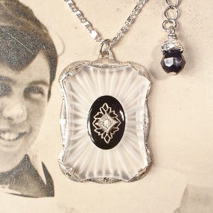 Antique Art Deco Black Camphor Glass Pendant Necklace,STeRLiNG Silver Filigree Crystal Bridal, Edwardian 1910s 1920s Vintage Wedding Jewelry