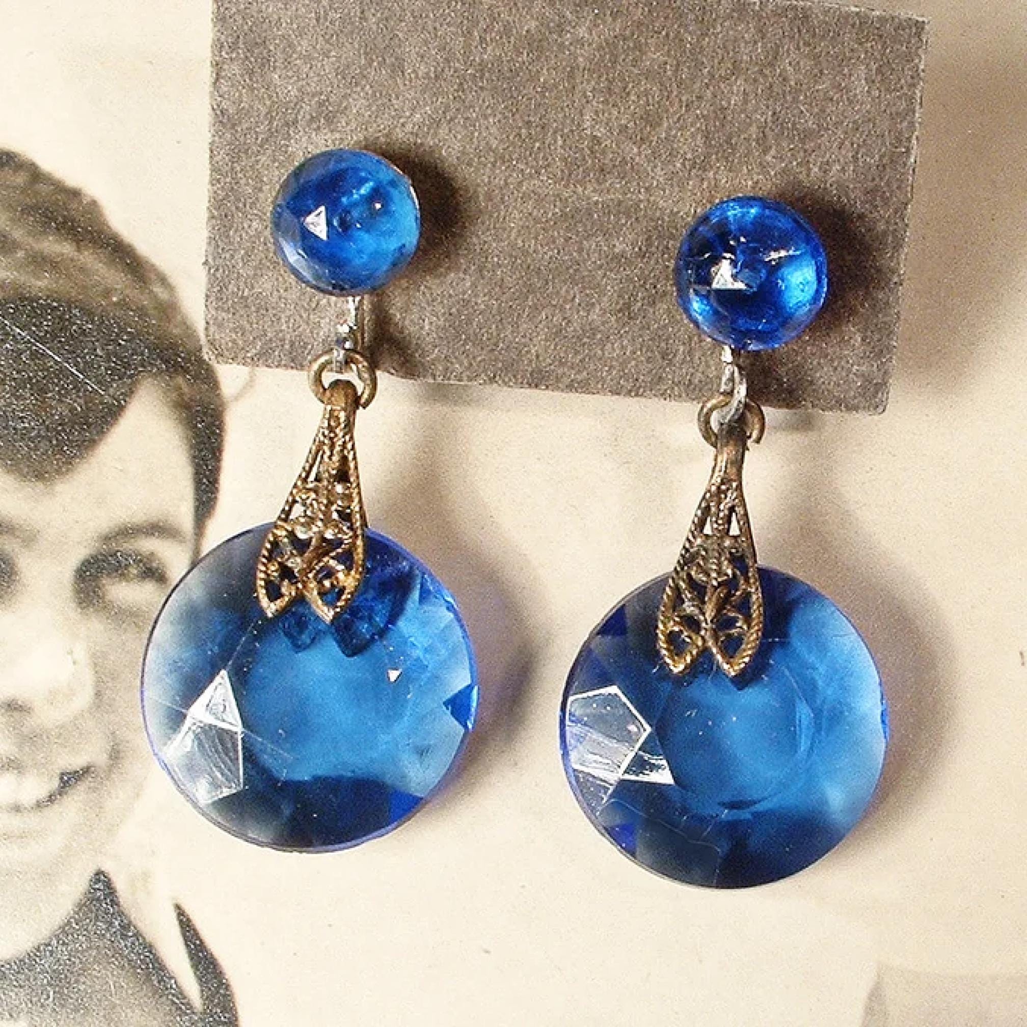 Antique Sapphire Blue Crystal Earrings,art Deco Czech Glass 