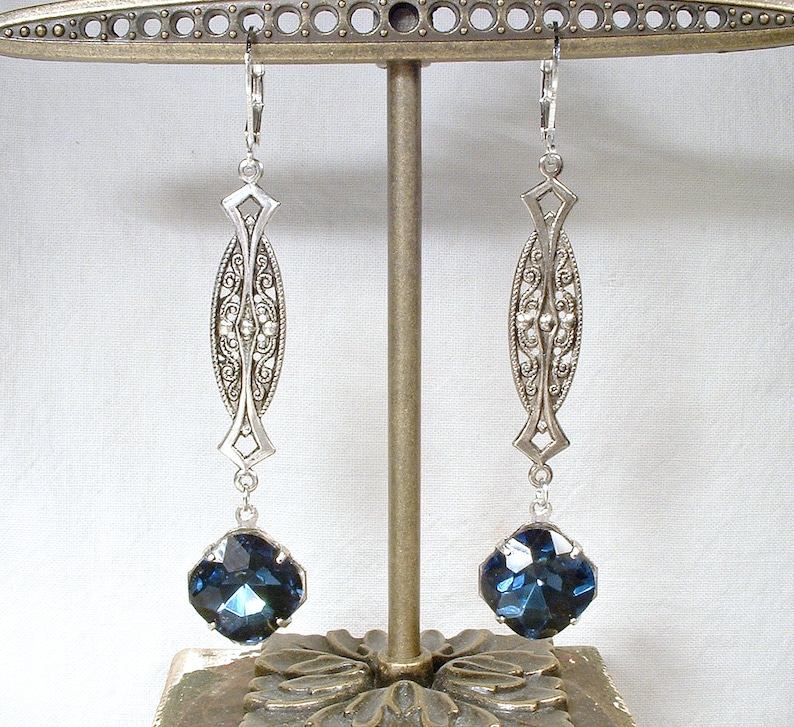 Art Nouveau/Deco Sapphire Earrings, 1920s Navy Blue Rhinestone Long Dangle Earrings, Antique Silver Vintage Bride Bridesmaid Gatsby Wedding image 4