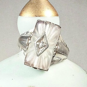 Antique DIAMOND Camphor Glass Ring, STeRLiNG SiLVeR, Art Deco 1920s Vintage Edwardian Rock Crystal Flapper Sz 3.25 Pinky Small Jewelry Gift