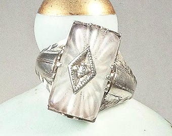 Antique DIAMOND Camphor Glass Ring, STeRLiNG SiLVeR, Art Deco 1920s Vintage Edwardian Rock Crystal Flapper Sz 3.25 Pinky Small Jewelry Gift