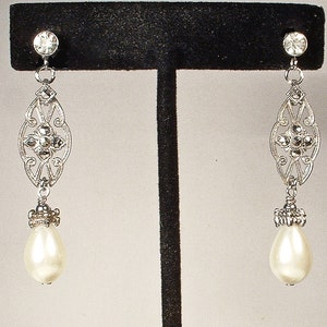 Vintage Art Deco Marcasite Ivory Pearl Earrings, Antique STeRLiNG SiLVeR Rhinestone Glass Pearl Bridal Dangle,1920s 1930s Wedding Long Drop image 2