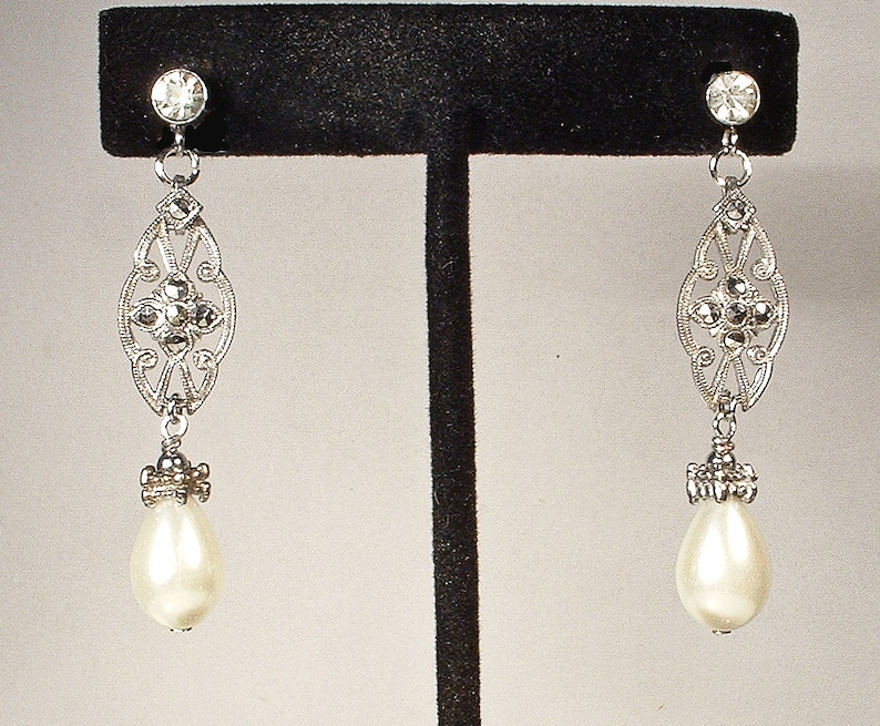 Vintage Art Deco Marcasite Ivory Pearl Earrings, Antique STeRLiNG SiLVeR Rhinestone Glass Pearl Bridal Dangle,1920s 1930s Wedding Long Drop image 2