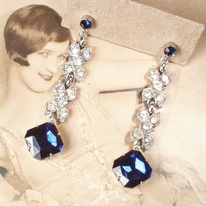 ANTIQUE Art Deco Sapphire Paste Rhinestone Flapper Dangle Earrings, Long Bridal Drop Silver Something Blue Old, Vintage 1920s Wedding Navy