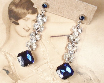 ANTIQUE Art Deco Sapphire Paste Rhinestone Flapper Dangle Earrings, Long Bridal Drop Silver Something Blue Old, Vintage 1920s Wedding Navy