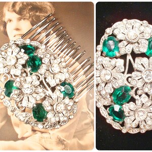 Antique 1920s Art Deco Emerald Green Bridal Hair Comb/Sash Brooch, Silver Rhinestone Vintage 1930s Wedding Dress Pin/Headpiece Head Piece