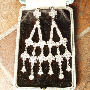ANTIK Art Deco Örhängen, 1920-tals Bröllop Lång Strass Dingelkrona, Vintage Brud Gatsby Flapper Skruva På Något Gammalt Gåva Glam