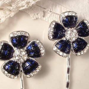 Vintage Navy Blue Hair Pins, Silver Sapphire Rhinestone Bridal Hairpins 1/Pair, Art Deco SoMeTHiNG BLue OLD Flower Clips, Bridesmaids Gifts