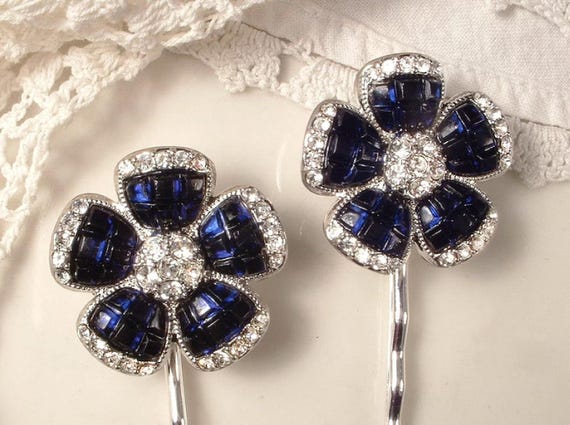 Vintage Navy Blue Hair Pins, Silver Sapphire Rhinestone  display picture 2