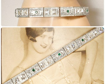 Antique 1930s Art Deco EMERALD Green Bracelet,ALLCO Crystal Rhinestone Silver Bridal,1920s Vintage Wedding, Gatsby Something Old Gift Tennis